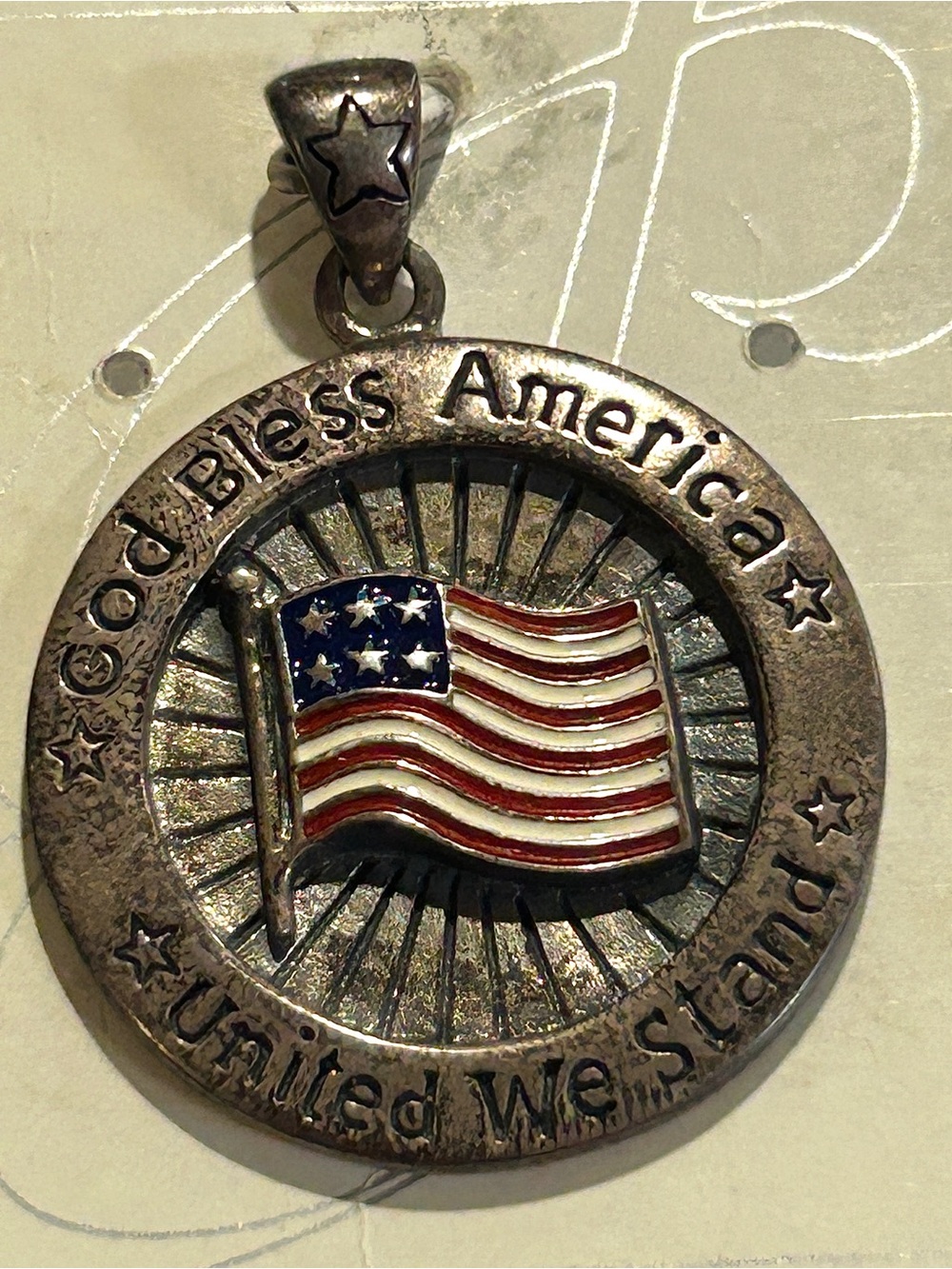 Vtg Peter Stone Solid Sterling Silver Enameled American Flag Medallion Pendant